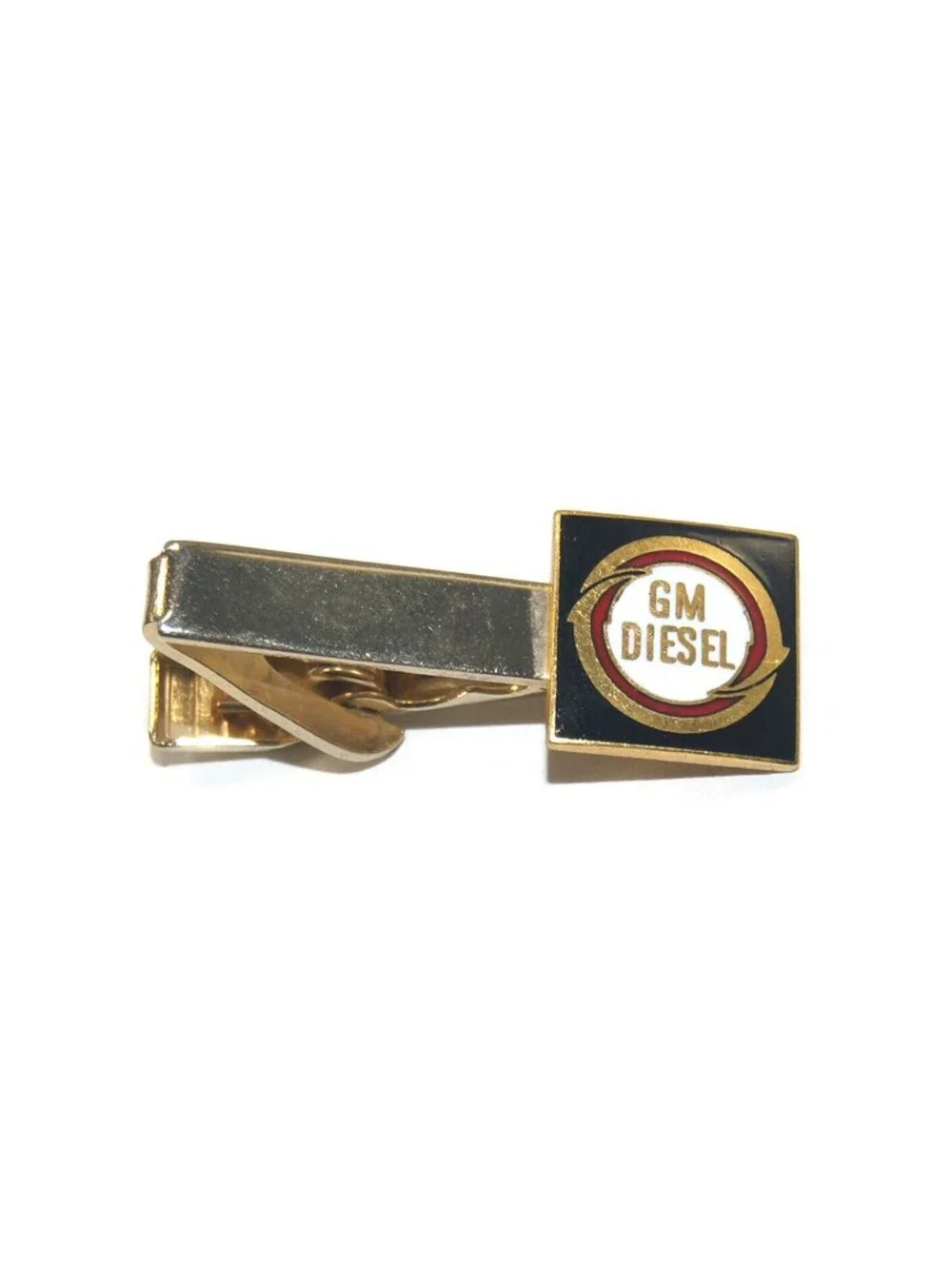 Vintage Gold Tone, Black and White Enamel GM Diesel Logo Tie Clip.